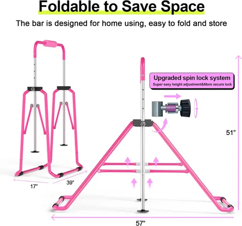 Miniatura 3 de Safly Fun Foldable Gymnastics Bar for Kids, Adjustable 35"-51", Sturdy 145 lbs Capacity, Easy-to-Assemble, Gymnastics Equipment for Kids for Rosa