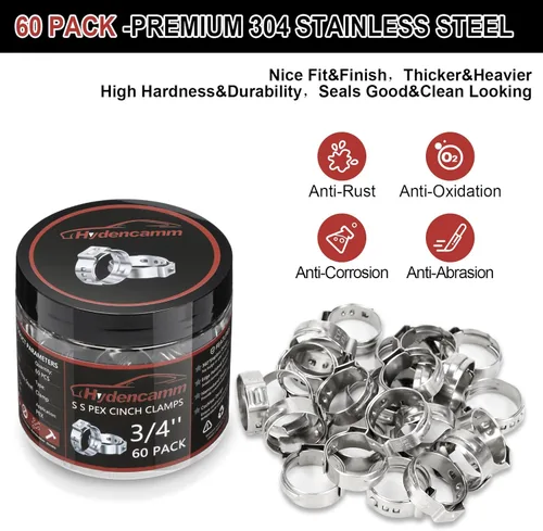 Miniatura 3 de Paquete de 60 anillos de crimpado PEX de 3/4 pulgadas, abrazaderas Pex de acero inoxidable 304 premium, anillos de abrazadera Pex Cinch con estuche