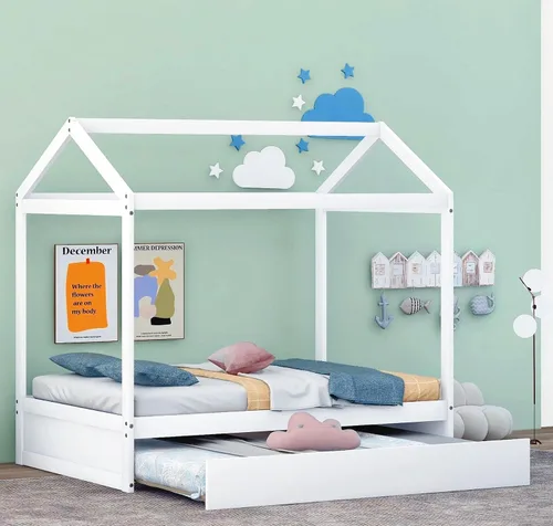 Miniatura 11 de Harper & Bright Designs Cama matrimonial con nido de tamaño individual, cama de madera de tamaño matrimonial con techo, ventanas y valla, marco