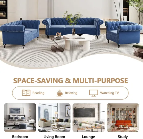 Miniatura 7 de QHITTY Juego de 2 piezas para sala de estar, Silla Sofá Seccional Chesterfield Contemporáneo Tapizado de Terciopelo Loveseat Juegos de Sofá para Azul