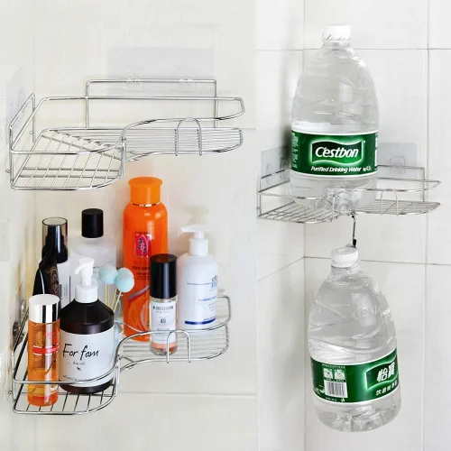 Miniatura 6 de Paquete de 2 organizadores de ducha esquineros, estante adhesivo de baño montado en la pared, estante de baño de acero inoxidable, organizador