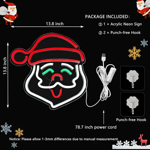 Miniatura 2 de Letrero de neón de Papá Noel, letreros de neón LED de Navidad para decoración de pared, letreros de luz de neón acrílico de Navidad con USB/Swicth