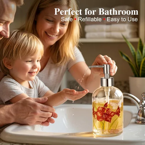 Miniatura 5 de Topadorn Dispensador de jabón de vidrio de 17 onzas con bomba, impresión floral de acuarela Enjoy the Day, botella líquida recargable para cocina