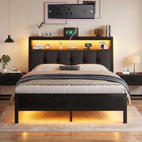Homkdom Base de cama de tamaño matrimonial con estación de carga, marco de cama tamaño matrimonial con luces LED con cabecera de almacenamiento Negro
