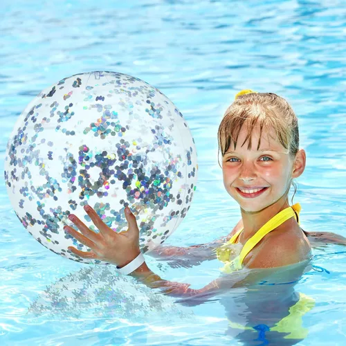 Miniatura 2 de Civaner 10 bolas inflables de playa con purpurina de 16 pulgadas, bola grande de confeti brillante para piscina, globo inflable transparente