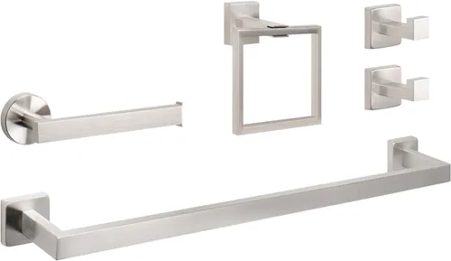 NearMoon Juego de 5 piezas de accesorios de baño de acero inoxidable 304, kit de toallero cuadrado - Barra de toalla de 24 pulgadas + anillo de