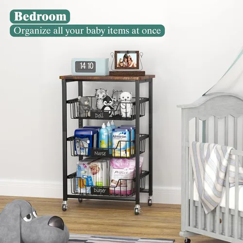 Miniatura 7 de CHLORYARD Cesta de frutas y verduras de 4 niveles, carrito rodante con ruedas con cestas extraíbles y parte superior de madera para cocina, comedor