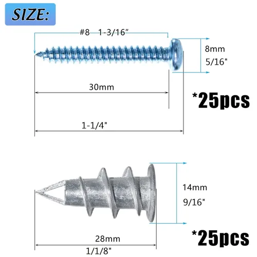 Miniatura 5 de Kit de anclajes para paneles de yeso Ansoon #8 de metal autoperforantes con tornillos - Anclajes de pared hueca y tornillo para paneles de yeso