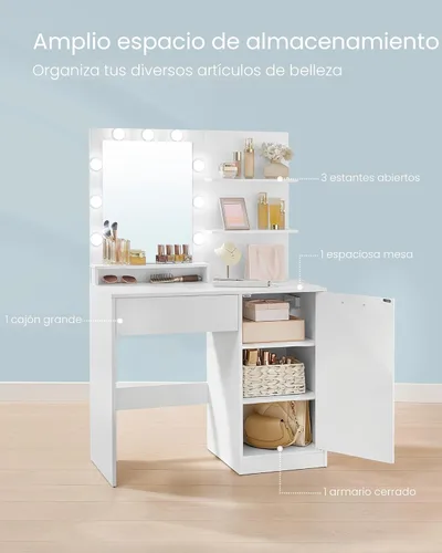 Miniatura 4 de VASAGLE Kailyn Collection - Escritorio de tocador con tomas de corriente y luces LED, mesa de maquillaje de 35.4 pulgadas de ancho con espejo, cajón