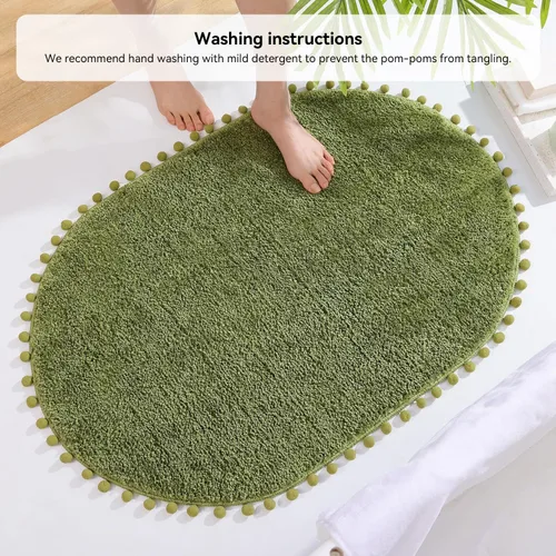 Miniatura 4 de YIRDDEO - Alfombra de baño verde oliva con pompones para baño, antideslizante, linda alfombra de baño boho con pompones ovalados absorbentes
