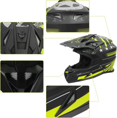 Miniatura 7 de XFMT DOT - Casco de motocicleta de cara completa para adultos, para motocross, ATV todoterreno, BMX, con estrella negra y amarilla, talla XL