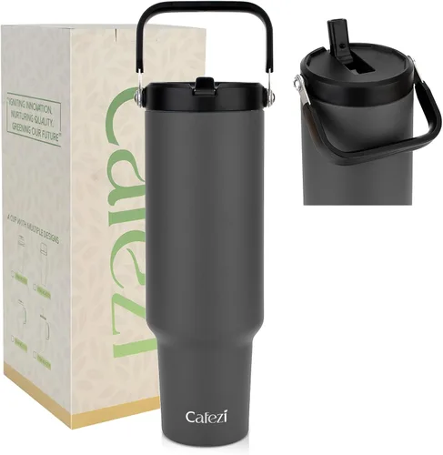 Miniatura 40 de Vaso de 30 onzas con tapa y pajita, vasos de acero inoxidable con aislamiento al vacío con pajita plegable y asa superior, botella de agua aislada