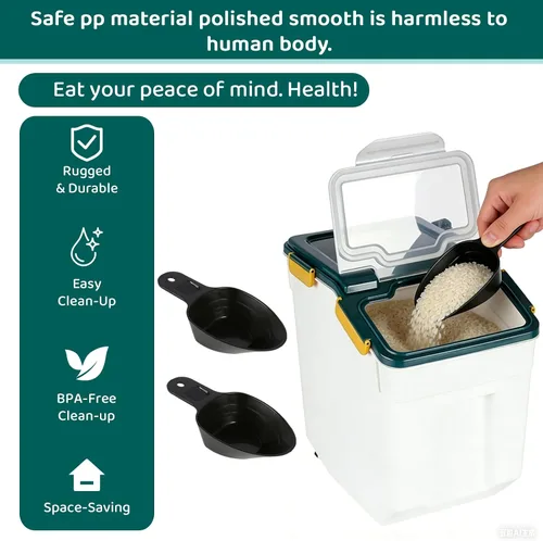 Miniatura 5 de Recipiente de almacenamiento de arroz de 25 libras, contenedor grande de harina para el hogar, dispensador hermético de cereales de grano