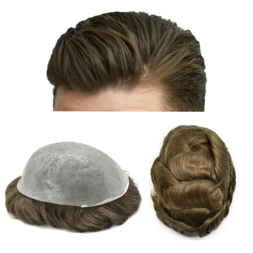 Miniatura 20 de Pieza de pelo para hombre Toupee pelo humano real tupé para hombres piezas de pelo sistema de reemplazo para hombres piel ultra fina 0.002 in 17#