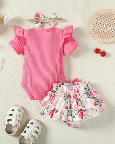 Miniatura 64 de Mioglrie Conjunto de ropa para bebé recién nacida, conjunto de pantalones cortos, conjunto floral de verano, ropa de bebé linda para niña