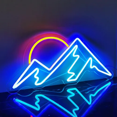 Letrero de neón de montañas, hecho a mano, arte estético fresco de montaña, puesta de sol, colinas, luz de neón LED, lámpara de noche de montaña