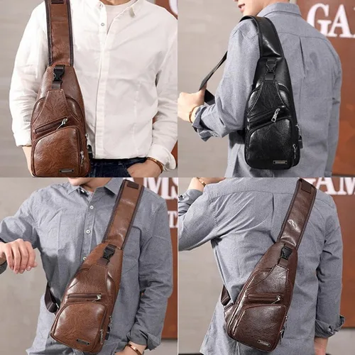 Miniatura 5 de Bolso de carga USB para hombre, bolso de pecho para hombre, bolso de hombro de PVC PU personalizado, paquete diagonal, bolsa de viaje de mensajero