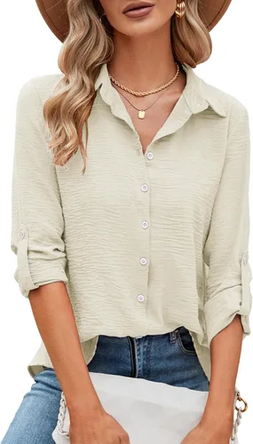 Miniatura 57 de Odosalii - Camisas con botones para mujer, con cuello en V, manga larga, enrolladas, blusas elegantes y formales para negocios y ocasiones casuales