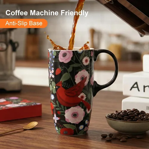 Miniatura 3 de Topadorn Taza de café de cerámica, taza de viaje de porcelana con tapa y asa, taza de café grande para hombres y mujeres, trabajo de oficina, Pájaro