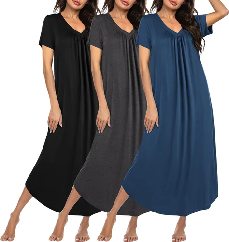 Miniatura 15 de Ekouaer Paquete de 3 camisones largos para mujer, talla grande, vestido de casa de manga corta, cuello en V, camisón casual, M-5XL