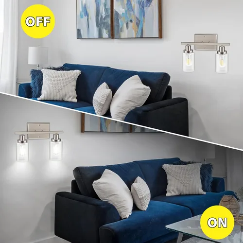 Miniatura 3 de Ascher Apliques de pared de 2 luces, moderna lámpara de tocador con pantalla de vidrio transparente, lámpara de pared de níquel cepillado para Tubo