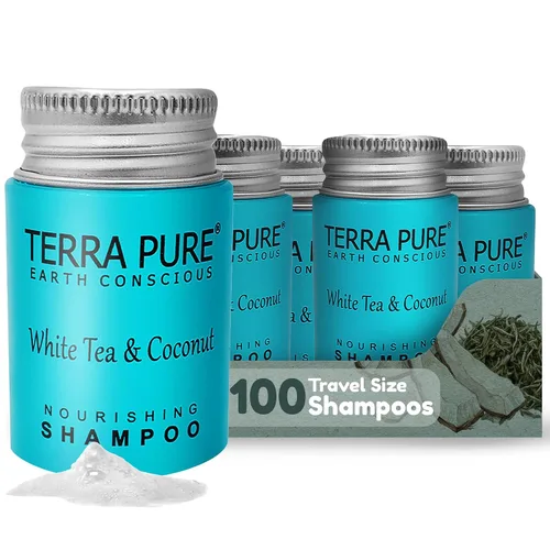 Terra Pure Champú de hotel de tamaño de viaje, 100 unidades, botellas de 1 oz, amenidades de huéspedes para hoteles, alquileres de vacaciones y