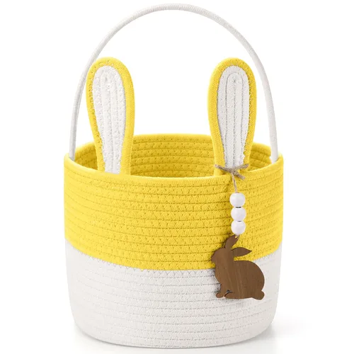 Miniatura 12 de SiliFine Cesta de Pascua para niños, cesta de conejo de Pascua con etiqueta de nombre, oreja de conejo desmontable, regalo tejido rústico para niñas
