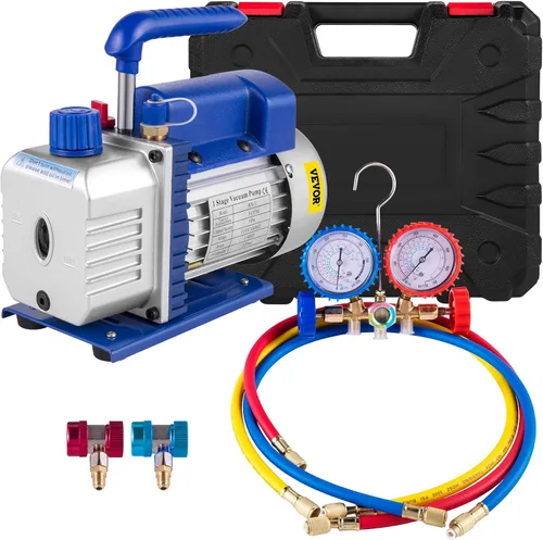VEVOR 3CFM 1/4HP Bomba de vacío de aire de una sola etapa HVAC R134a R12 R22 R410a Kit de refrigeración para A/C. Juego de manómetros de colector AC