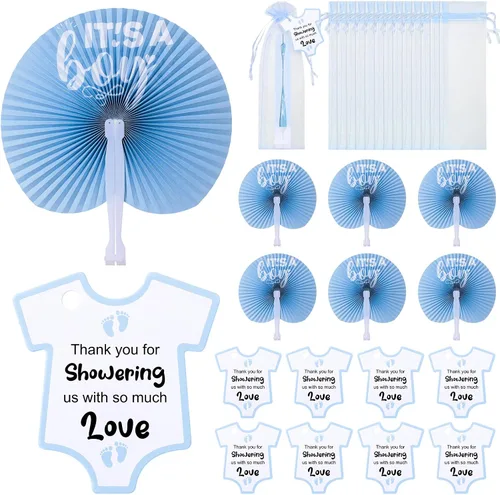Redbaker 50 juegos de abanicos plegables de mano para baby shower, para niñas y niños, abanicos de acordeón de forma redonda con etiquetas de Azul