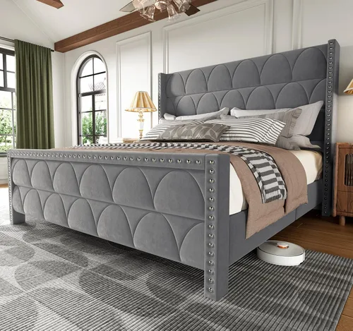 Miniatura 11 de OHOHOLIVE Marco de cama tamaño Queen con cabecero de 56 pulgadas, marco de cama tapizado de terciopelo con plataforma con respaldo de alas, sin Crema