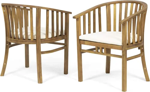 Great Deal Furniture Nola - Sillas de comedor de madera para exteriores con cojines (juego de 2), acabado crema y teca, (309261)
