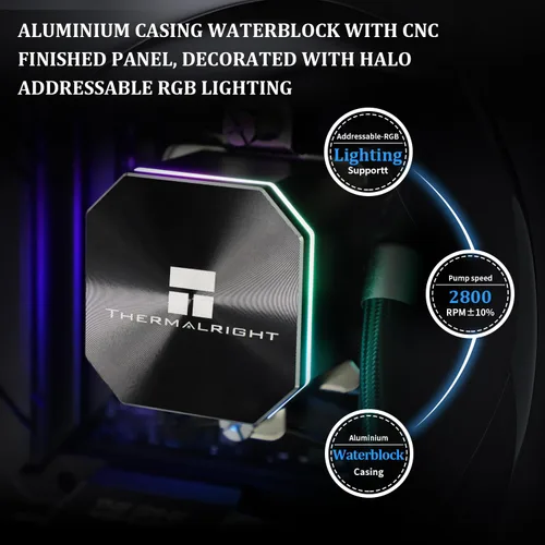 Miniatura 4 de Thermalright Frozen Edge 240 Enfriador de agua AIO negro, enfriador líquido de CPU, 2 ventiladores PWM de 4.724 in, ventilador de alta velocidad