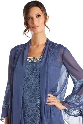 Miniatura 5 de R&M Richards Conjunto de 2 piezas de vestido y chaqueta con encaje adornado hasta la rodilla para mujer