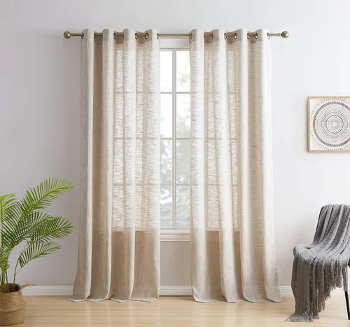 Miniatura 11 de HLC.ME Cortinas de lino sintético con textura semitransparentes que mantienen la privacidad y filtran la luz solar, con ojales, cortinas cortas