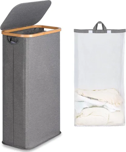 Miniatura 38 de efluky Cesta de lavandería con tapa y bolsa extraíble, cesta de lavandería de 100 litros de alto con asas de bambú, papelera estética para ropa Gris
