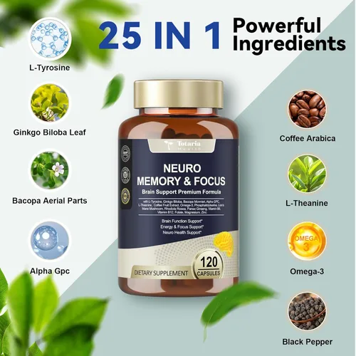Miniatura 4 de Totaria Suplementos cerebrales para memoria y enfoque, salud cerebral con L-tirosina, Alpha GPC, Ginkgo Biloba, Bacopa Monnieri, apoyo cognitivo