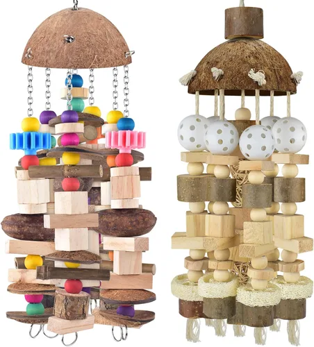 Miniatura 8 de KATUMO Juguetes para loros, juguetes grandes para masticar pájaros, accesorio de jaula de loros medianos, juguetes de bloques de madera coloridos