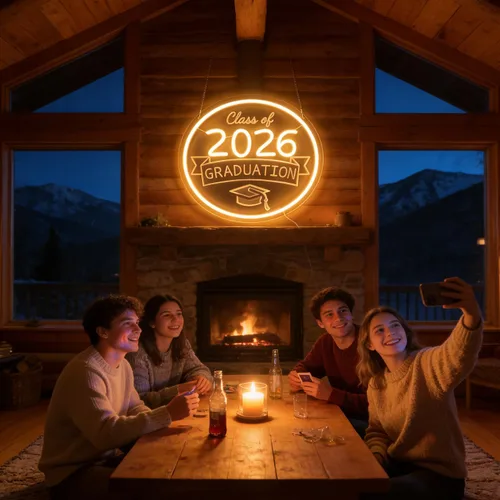 Miniatura 4 de Class of 2026 - Letrero de neón con texto en inglés "Congrats Grad" LED regulable USB Felicidades Graduación Cap Light Decoración de pared para sala