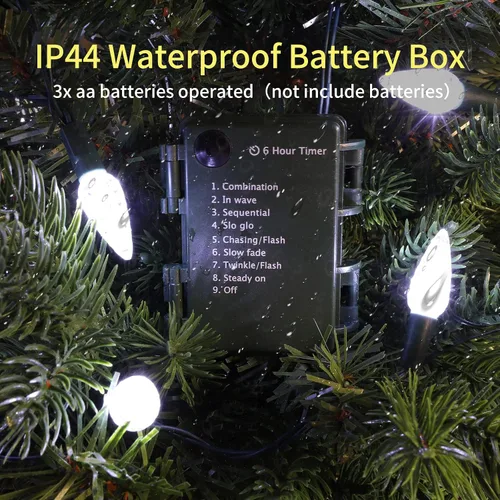 Miniatura 3 de 50 luces LED C6, alambre verde, estuche de batería impermeable, funciones múltiples, temporizador, blanco frío