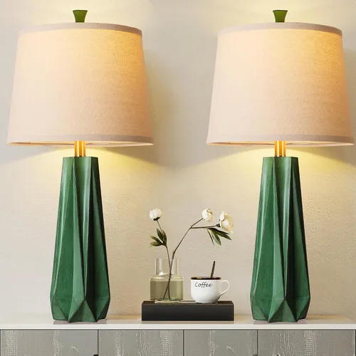 WIHTU 3 Color Temperature Table Lamps Set of 2, Green Modern Table Lamp for Living Room, 27'' Beside Lamp with Linen Shade, Resin Desk Lamp for