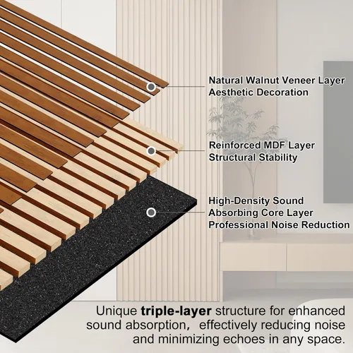 Miniatura 3 de QDYMXUN Paneles de pared acústicos de listones de madera, paquete de 4 paneles de 94.5 x 7.9 pulgadas, paneles 3D de absorción de sonido estriados