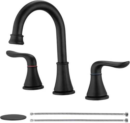 Miniatura 8 de GENBONS Grifos de baño para fregadero de 3 agujeros, 4 pulgadas, color negro mate con drenaje emergente y 2 mangueras de suministro, 2 manijas