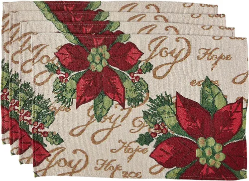 Violet Linen Juego de 4 manteles individuales decorativos con diseño de flor de pascuas de Navidad de 13 x 19 pulgadas