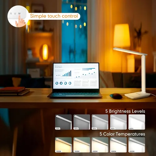 Miniatura 2 de Lámpara de escritorio LED White Crown con cargador inalámbrico de 15W y puerto USB, lámpara de mesa regulable con 5 modos de iluminación, control