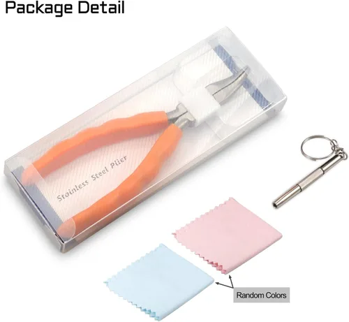 Miniatura 5 de Alicates de punta doblada de 6 pulgadas, kit de herramientas de reparación y ajuste de lentes de acero inoxidable con destornillador y paño