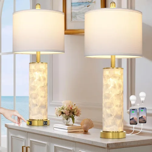 Miniatura 17 de Lámparas de mesa costeras de 28 pulgadas para sala de estar, lámparas de noche con luz nocturna, puertos USB A+C, moderna concha de mar