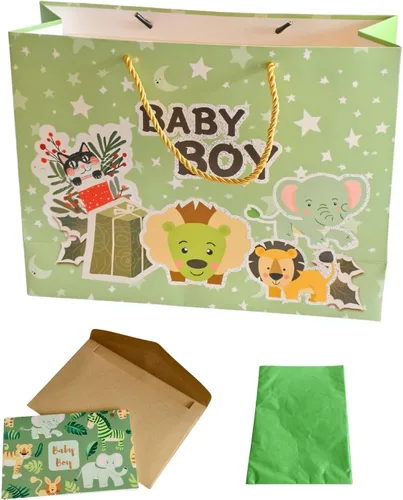 Miniatura 8 de DiffyGo Bolsa de regalo de bebé grande de 13 pulgadas para baby shower con papel de seda y tarjeta (azul)
