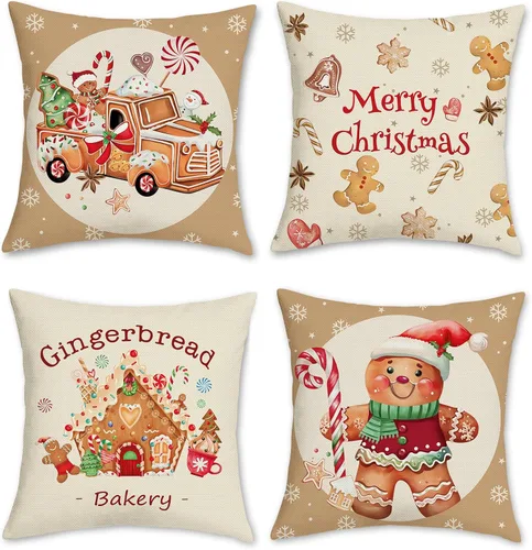 Bonhause Fundas de Cojines Decorativos Navideñas de Pan de Jengibre 18x18 Pulgadas Hombre Casa Camión Panadería Navideña Almohadas Decorativas para