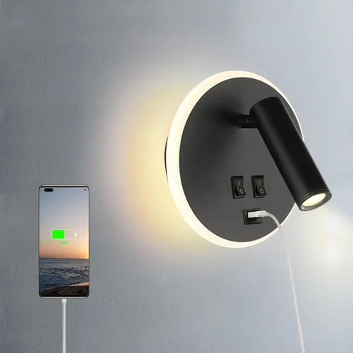 Puerto de carga USB, luz de lavado de pared, luz LED negra con pared interior, foco ajustable, lámpara de lectura, lámpara de pared para dormitorio,