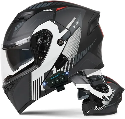 Miniatura 18 de Casco de motocicleta modular Bluetooth con aprobación DOT, antiempañamiento, doble visera, cara completa, abatible, con altavoz y micrófono